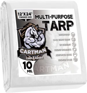CARTMAN Finished Size 12x24 Feet 10 Mil White Heavy Duty Poly Tarp, Multipurpose Protective Cover, UV Resistant, Waterproof Poly Tarpaulin with Reinforced Edges Tarpaulin with Reinforced Edges