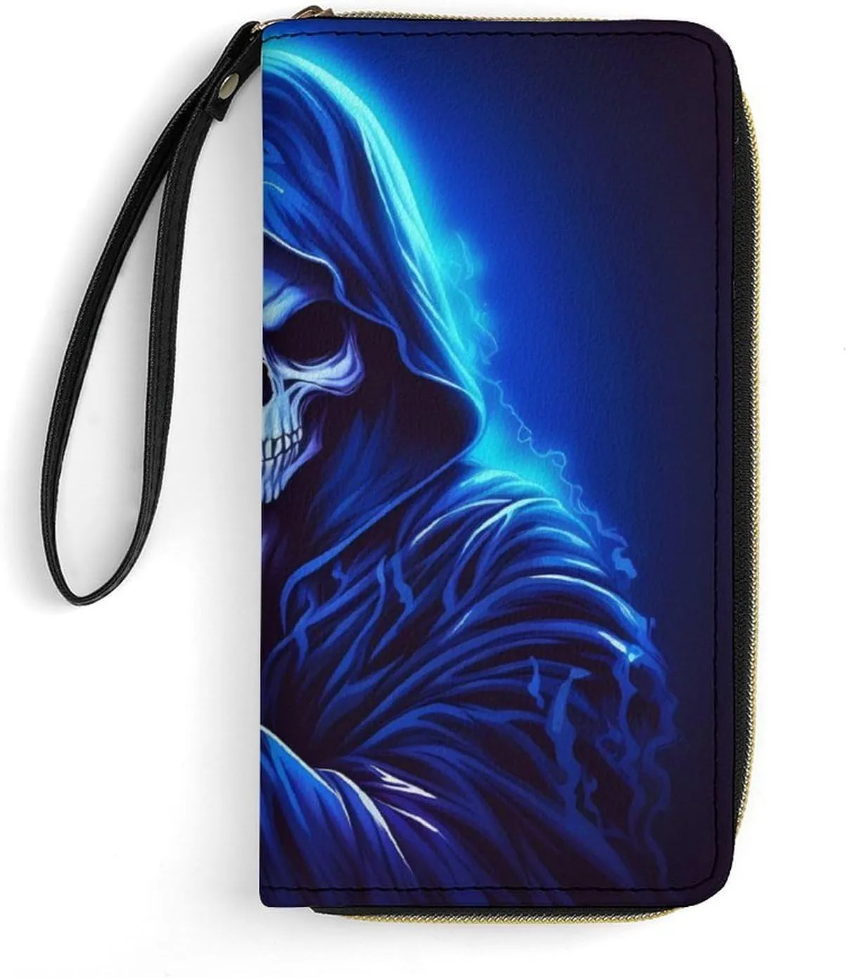 Cartoon Animated Grim Reaper Wallet for Men Women Clutch Leather Wristlet Purse Card Holder with Grip Hand Strap