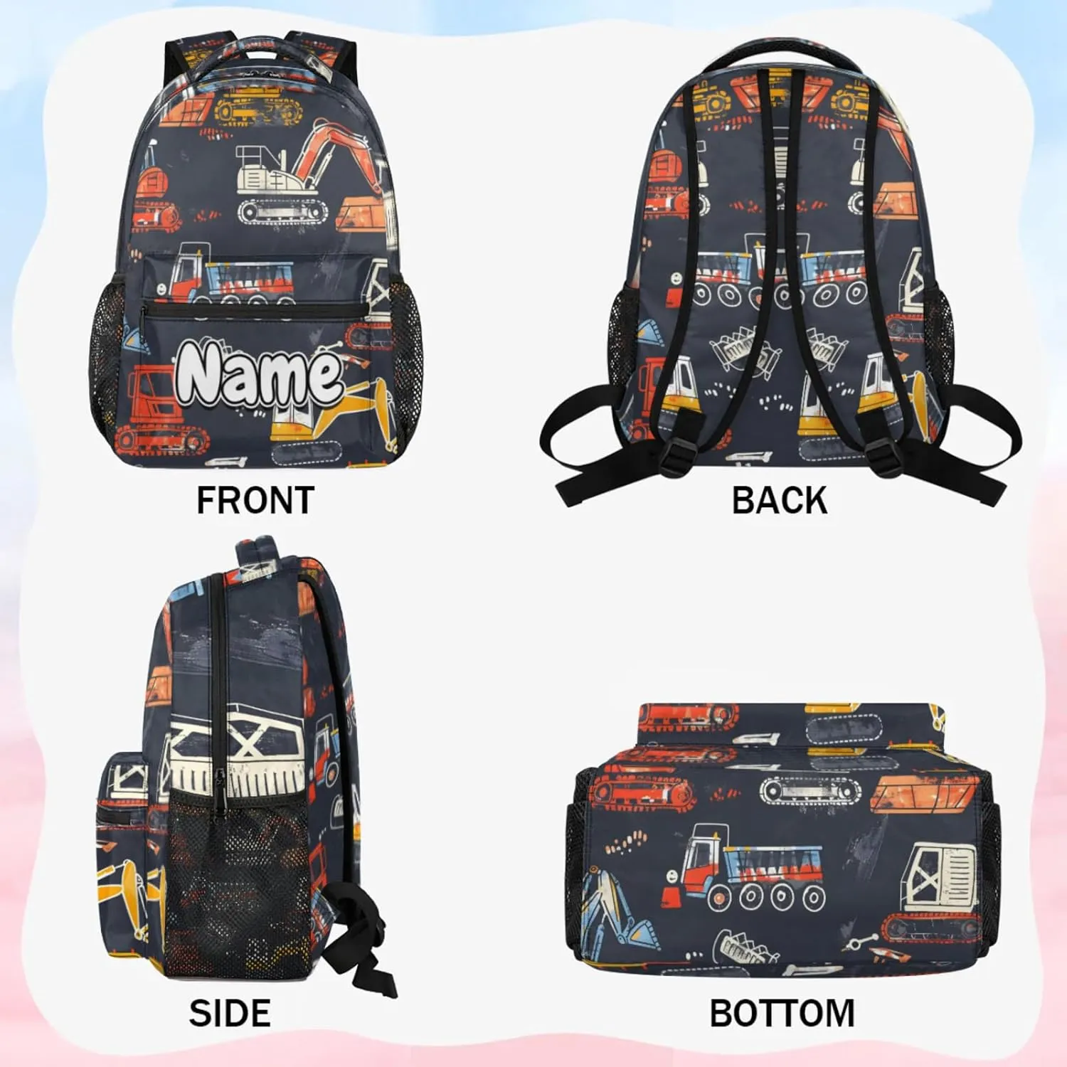 Cartoon Cute Construction Cars Large Backpack Fashion Travel Backpacks for Business Women Men Casual Laptop Bag Waterproof Lightweight Shoulder Bags 16in