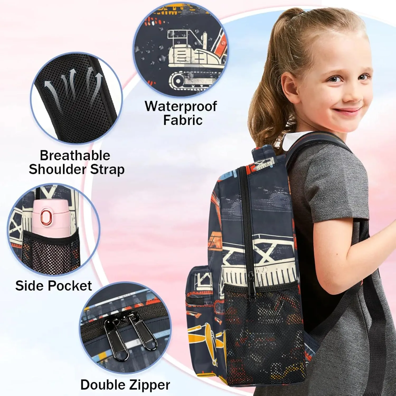 Cartoon Cute Construction Cars Large Backpack Fashion Travel Backpacks for Business Women Men Casual Laptop Bag Waterproof Lightweight Shoulder Bags 16in