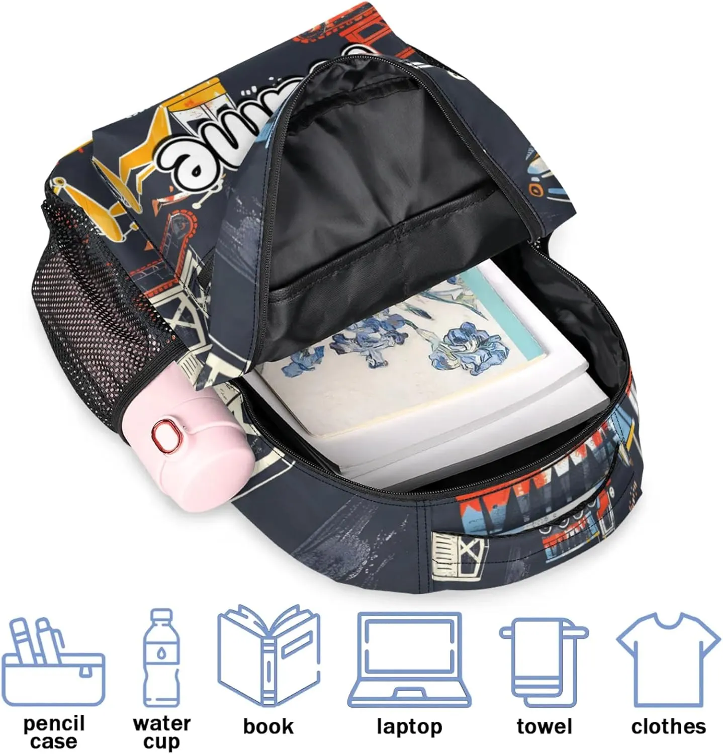 Cartoon Cute Construction Cars Large Backpack Fashion Travel Backpacks for Business Women Men Casual Laptop Bag Waterproof Lightweight Shoulder Bags 16in