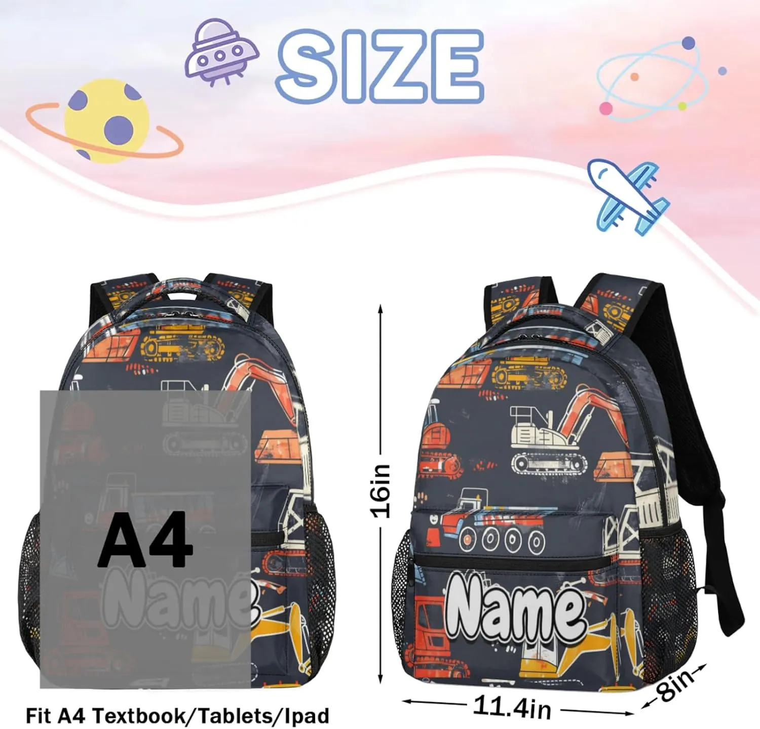 Cartoon Cute Construction Cars Large Backpack Fashion Travel Backpacks for Business Women Men Casual Laptop Bag Waterproof Lightweight Shoulder Bags 16in