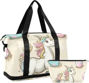 Cartoon Cute White unicorns Easter Eggs Duffel Bag Carry On Tote Bag with Toiletry Bag for Hiking Large Capacity