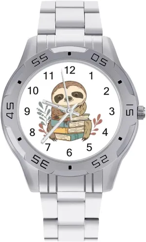 Cartoon Sloth Holding Books Simple Stainless Steel Band Business Watch Dress Wrist Unique Luxury Work Casual Waterproof Watches