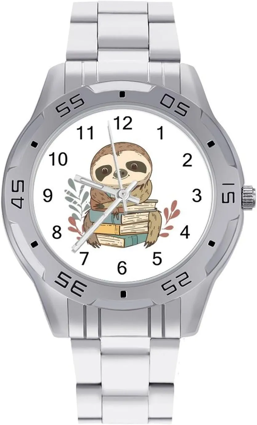 Cartoon Sloth Holding Books Simple Stainless Steel Band Business Watch Dress Wrist Unique Luxury Work Casual Waterproof Watches