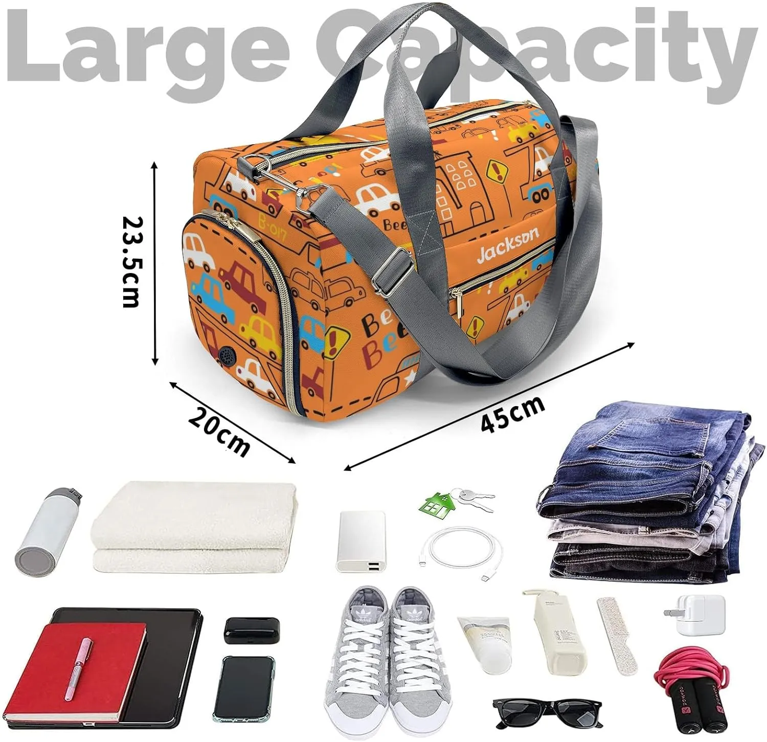 Cartoon Truck Cars Personalized Duffel Bag with Name Custom Weekend Bag with Shoe Compartmen for Boys Girls Sports Gym Swim Bag Travel Bag