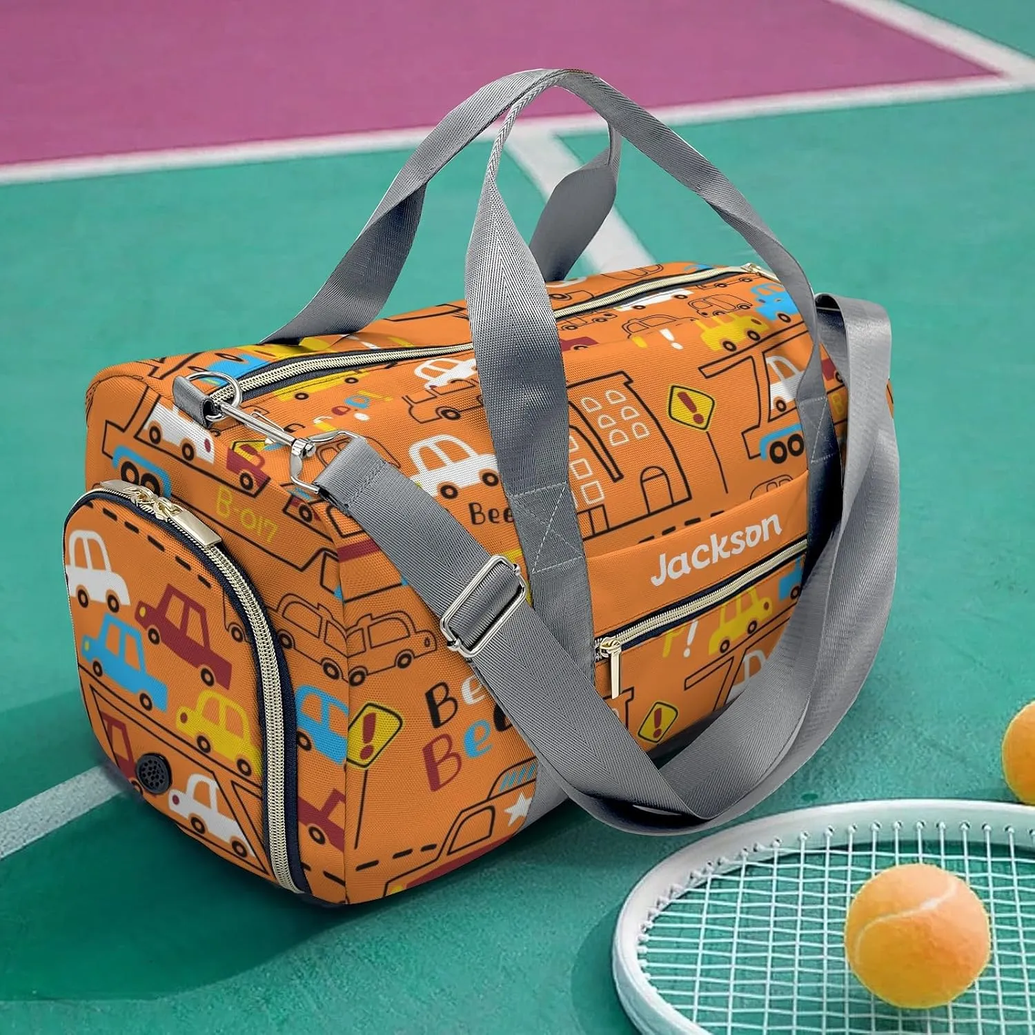 Cartoon Truck Cars Personalized Duffel Bag with Name Custom Weekend Bag with Shoe Compartmen for Boys Girls Sports Gym Swim Bag Travel Bag