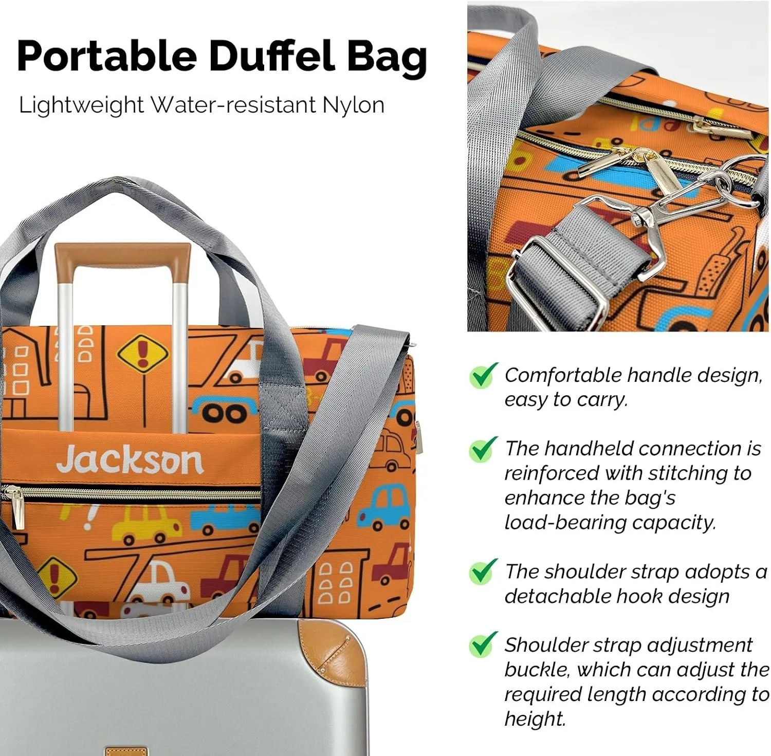 Cartoon Truck Cars Personalized Duffel Bag with Name Custom Weekend Bag with Shoe Compartmen for Boys Girls Sports Gym Swim Bag Travel Bag