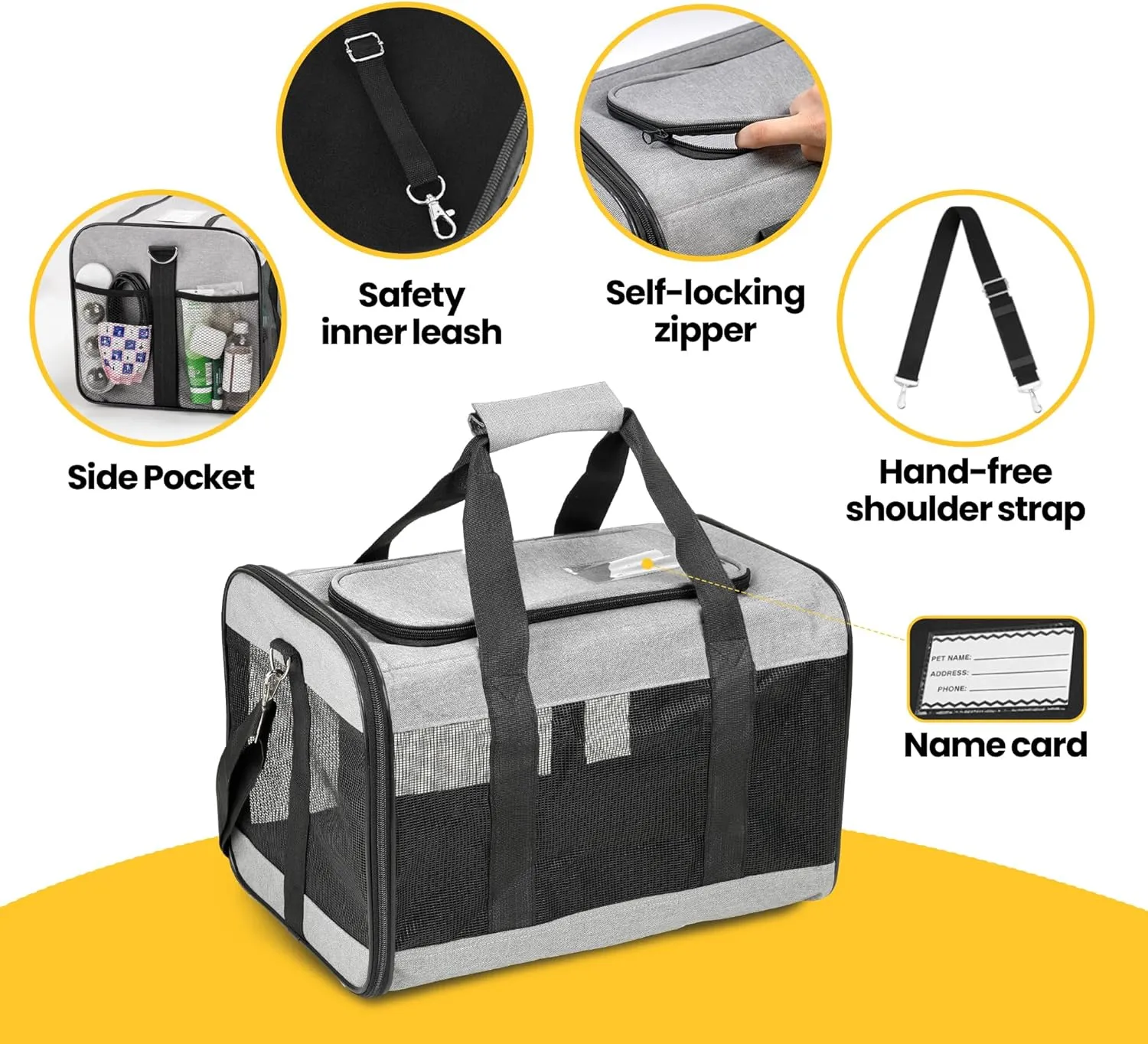 Cat Carrier Airline Approved, Soft-Sided Dog Carrier with Inner Safety Leash, Pet Transport Carrier for Small-Medium Cats Puppies up to 15 Lbs, Collapsible Travel Kitten Carrier Bag -Gray M