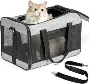 Cat Carrier Airline Approved, Soft-Sided Dog Carrier with Inner Safety Leash, Pet Transport Carrier for Small-Medium Cats Puppies up to 15 Lbs, Collapsible Travel Kitten Carrier Bag -Gray M