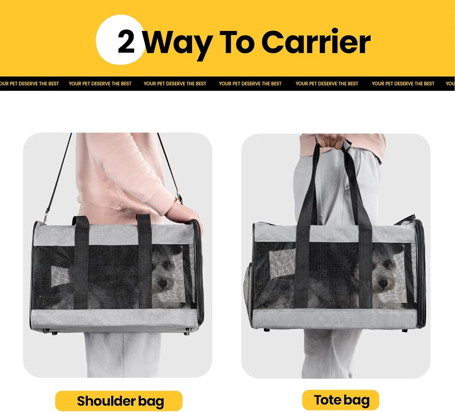 Cat Carrier Airline Approved, Soft-Sided Dog Carrier with Inner Safety Leash, Pet Transport Carrier for Small-Medium Cats Puppies up to 15 Lbs, Collapsible Travel Kitten Carrier Bag -Gray M