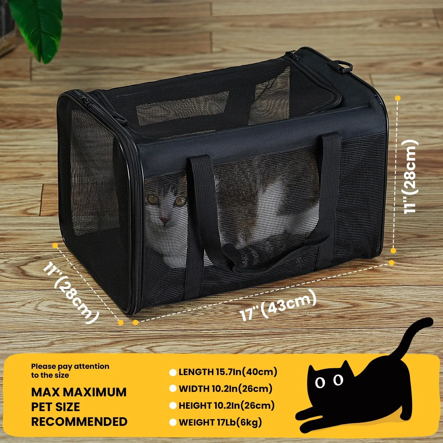 Cat Carrier Bag,Soft-Sided Pet Carriers for Dogs with 4-Sided Mesh,Airline Approved Cat Transport Carrier for Small&Medium Cats Kitten Puppy Up to 15Lb,Collapsible Cat Travel Carrier-M,Black