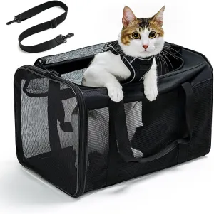 Cat Carrier Bag,Soft-Sided Pet Carriers for Dogs with 4-Sided Mesh,Airline Approved Cat Transport Carrier for Small&Medium Cats Kitten Puppy Up to 15Lb,Collapsible Cat Travel Carrier-M,Black