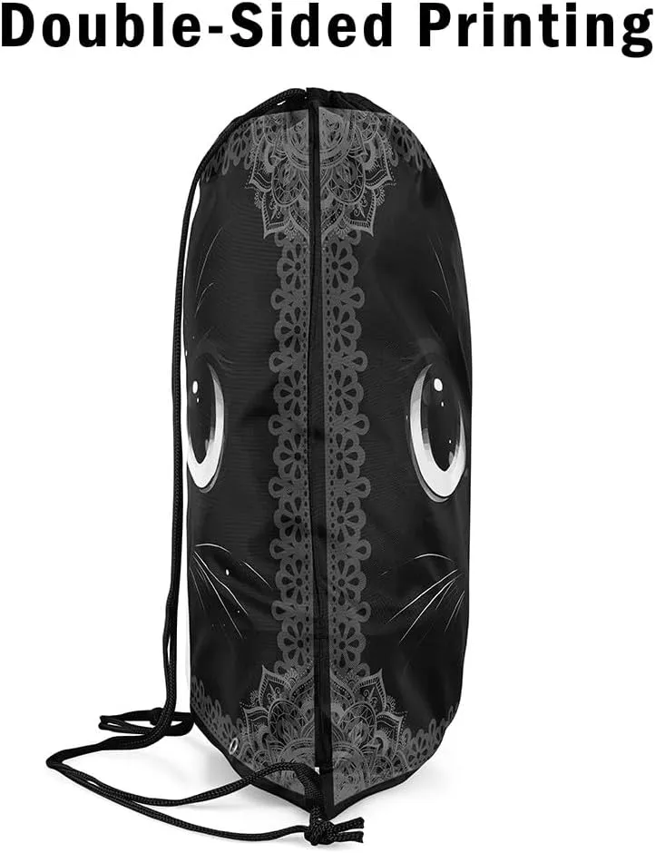 Cat Draw String Bag,Lovely Pet Kitten Animal Black Drawstring Backpack for Gym Sports,Exotic Gray Bohemian Mandala Floral Large Capacity Sackpack,Waterproof