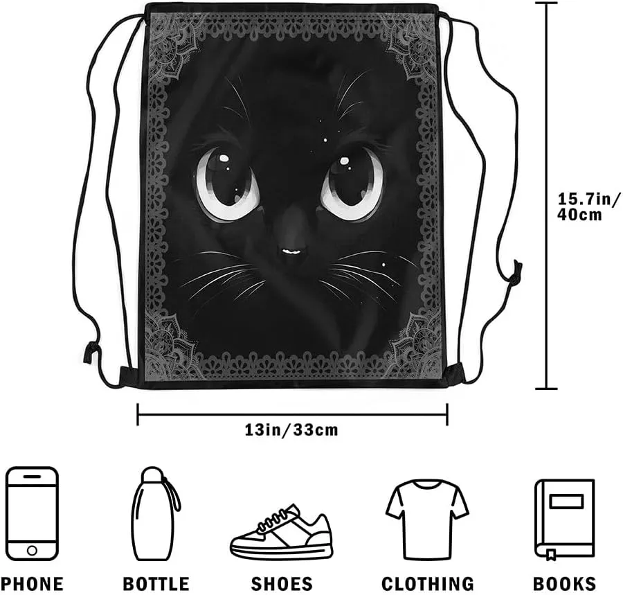 Cat Draw String Bag,Lovely Pet Kitten Animal Black Drawstring Backpack for Gym Sports,Exotic Gray Bohemian Mandala Floral Large Capacity Sackpack,Waterproof