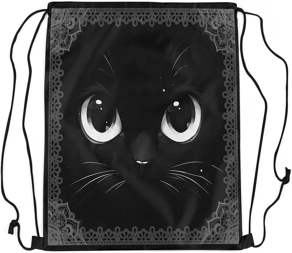 Cat Draw String Bag,Lovely Pet Kitten Animal Black Drawstring Backpack for Gym Sports,Exotic Gray Bohemian Mandala Floral Large Capacity Sackpack,Waterproof