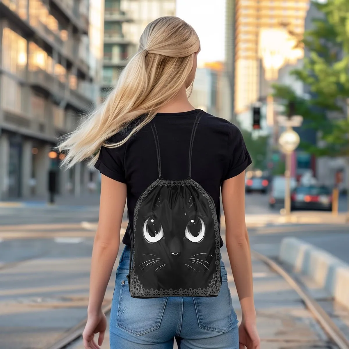 Cat Draw String Bag,Lovely Pet Kitten Animal Black Drawstring Backpack for Gym Sports,Exotic Gray Bohemian Mandala Floral Large Capacity Sackpack,Waterproof