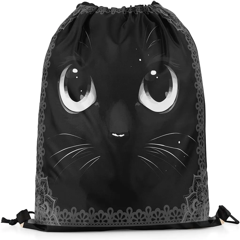 Cat Draw String Bag,Lovely Pet Kitten Animal Black Drawstring Backpack for Gym Sports,Exotic Gray Bohemian Mandala Floral Large Capacity Sackpack,Waterproof