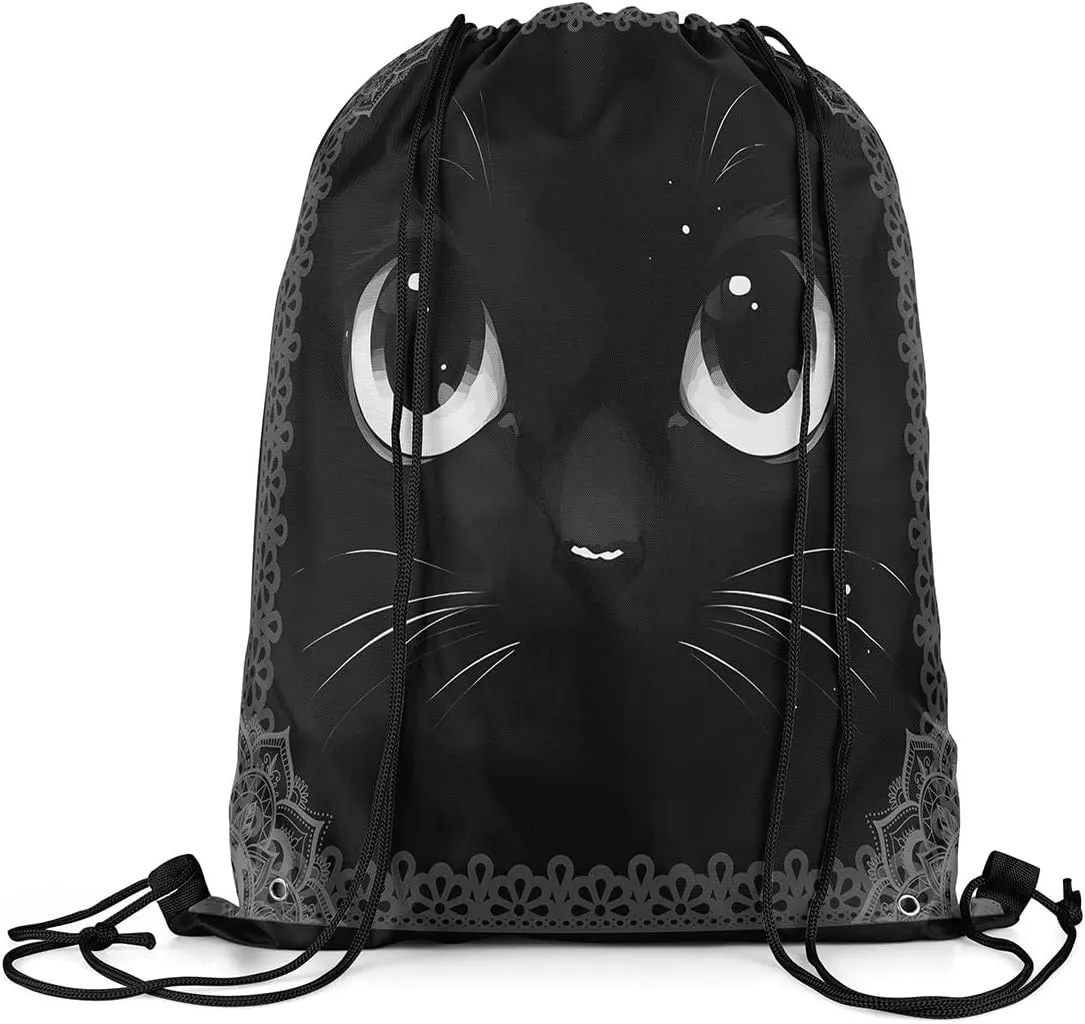 Cat Draw String Bag,Lovely Pet Kitten Animal Black Drawstring Backpack for Gym Sports,Exotic Gray Bohemian Mandala Floral Large Capacity Sackpack,Waterproof