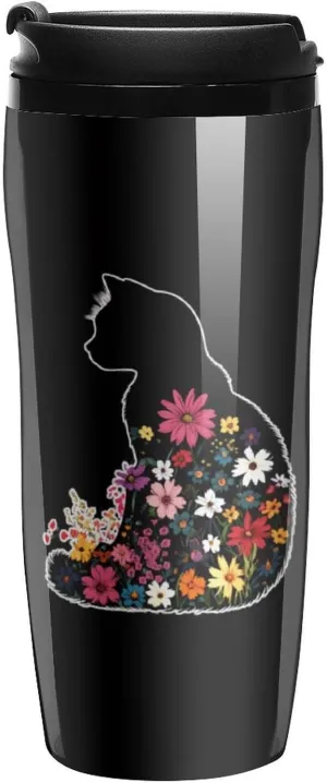 Cat Flowers Coffee Mug with Lid Portable Tumbler Water Bottle for Travel Business 350ml