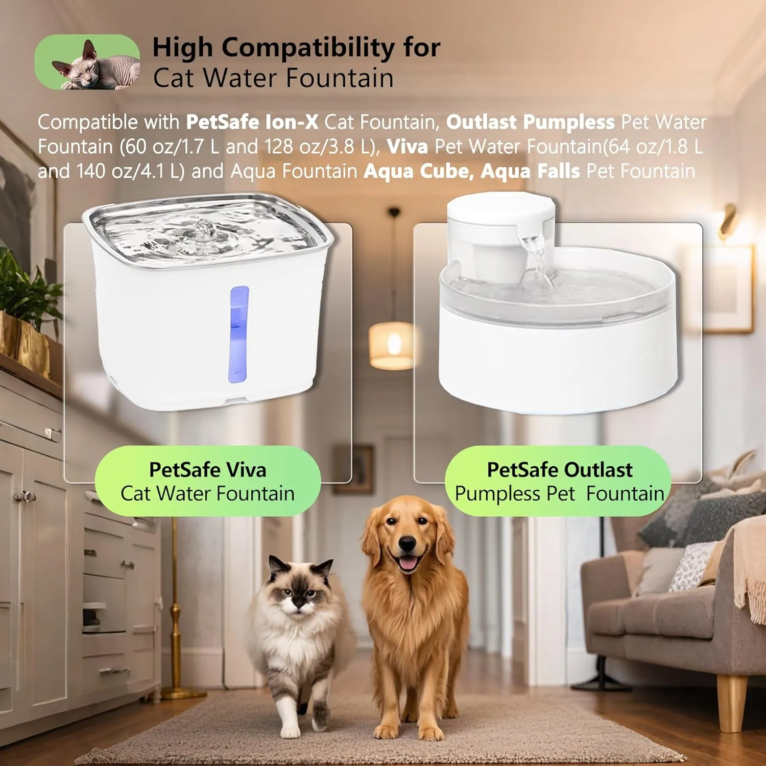 Cat Water Fountain Replacement Charcoal Filter Square Compatible with Petsafe Premier, Ion-X, Outlast Pumpless & Viva Pet Water Fountain, Carbon Filters for Cat and Dog Indoor (BLACK, 12 PACK)