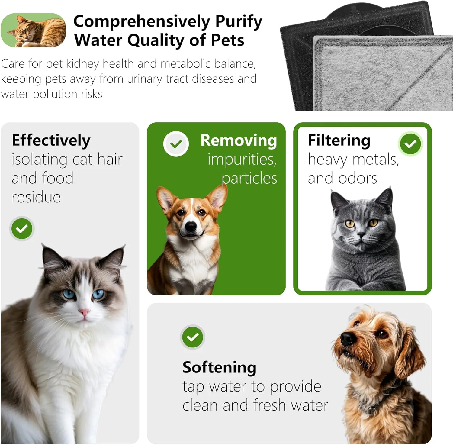 Cat Water Fountain Replacement Charcoal Filter Square Compatible with Petsafe Premier, Ion-X, Outlast Pumpless & Viva Pet Water Fountain, Carbon Filters for Cat and Dog Indoor (BLACK, 12 PACK)