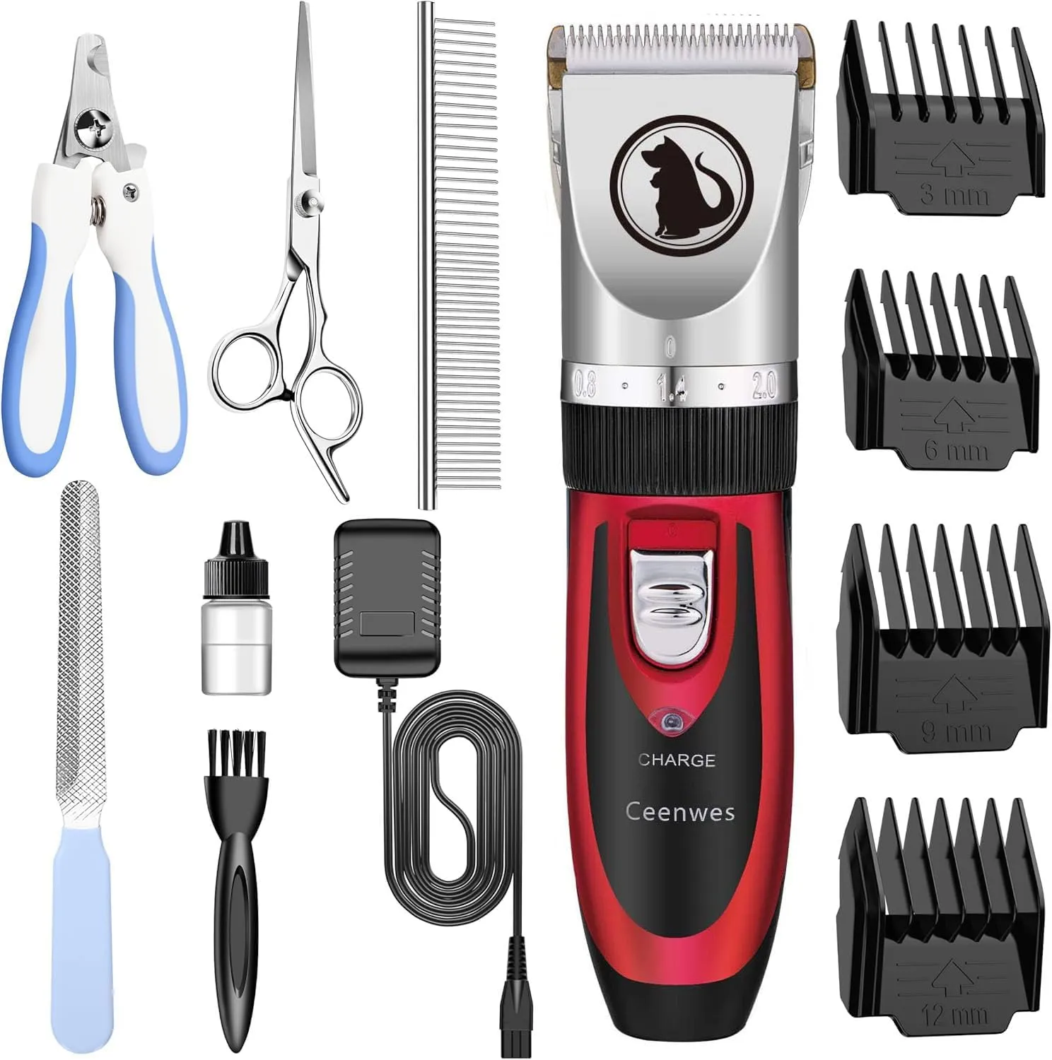 Ceenwes Dog Clippers with Storage Case Low Noise Pet Clippers Rechargeable Trimmer Cordless Grooming Tool Professional Dog Hair Trimmer with Comb Guides Scissors for Dogs Cats & Others（Red）