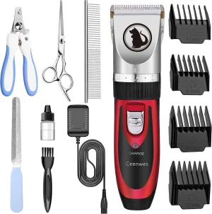 Ceenwes Dog Clippers with Storage Case Low Noise Pet Clippers Rechargeable Trimmer Cordless Grooming Tool Professional Dog Hair Trimmer with Comb Guides Scissors for Dogs Cats & Others（Red）
