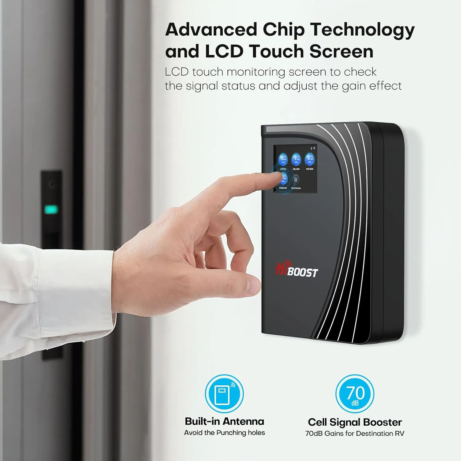 Cell Phone Booster for Home Office, Cover to 8,000 Sq Ft Signal Booster 4G LTE Compatible 5G with LCD Touch Screen 70dB Gain for All U.S. Carriers Verizon, AT&T, T-Mobile, App Support, FCC Approved
