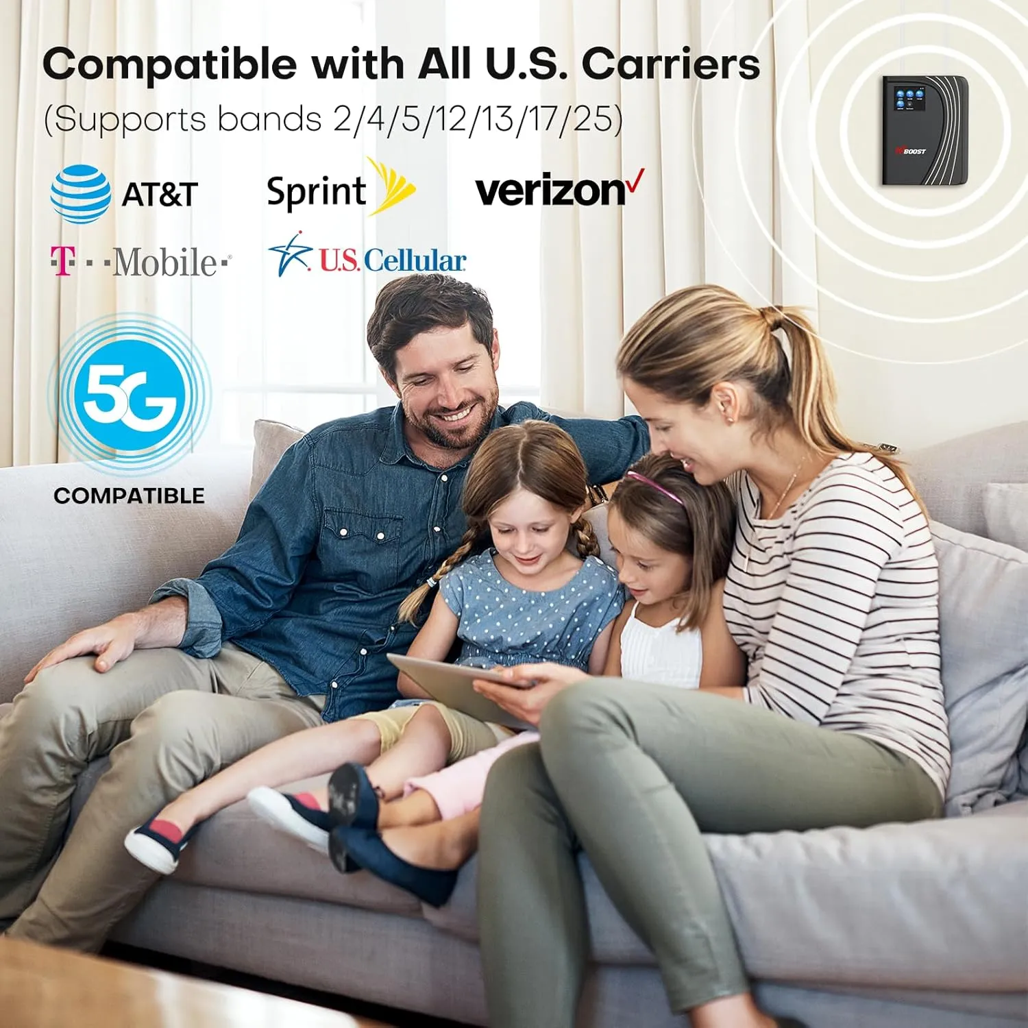 Cell Phone Booster for Home Office, Cover to 8,000 Sq Ft Signal Booster 4G LTE Compatible 5G with LCD Touch Screen 70dB Gain for All U.S. Carriers Verizon, AT&T, T-Mobile, App Support, FCC Approved