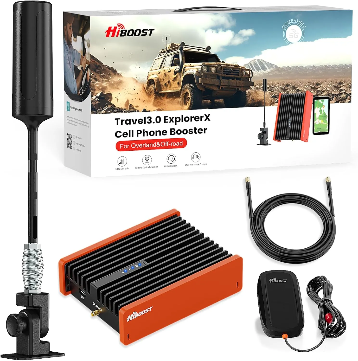 Cell Phone Signal Booster for Overland and Off-road Vehicle | Boosts 5G & 4G LTE for All Carriers - Verizon, AT&T, T-Mobile & More | Folding Antenna Mount | Ultra-stable Booster | FCC Approved
