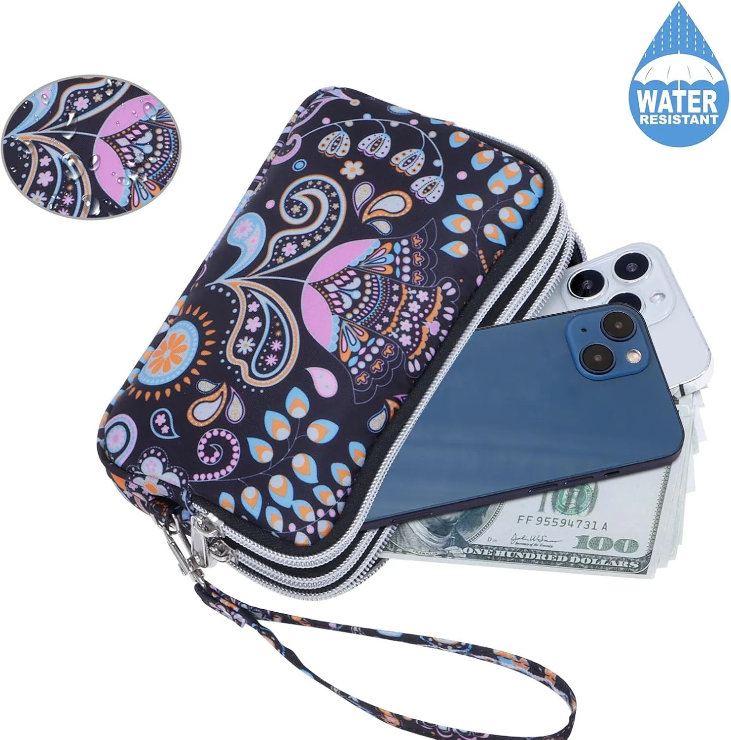 Cellphone Wristlet Wallets for Women Large Capacity Clutch Purse 3 Zipper Compartments 6 Card Slots Anti-water Handbag