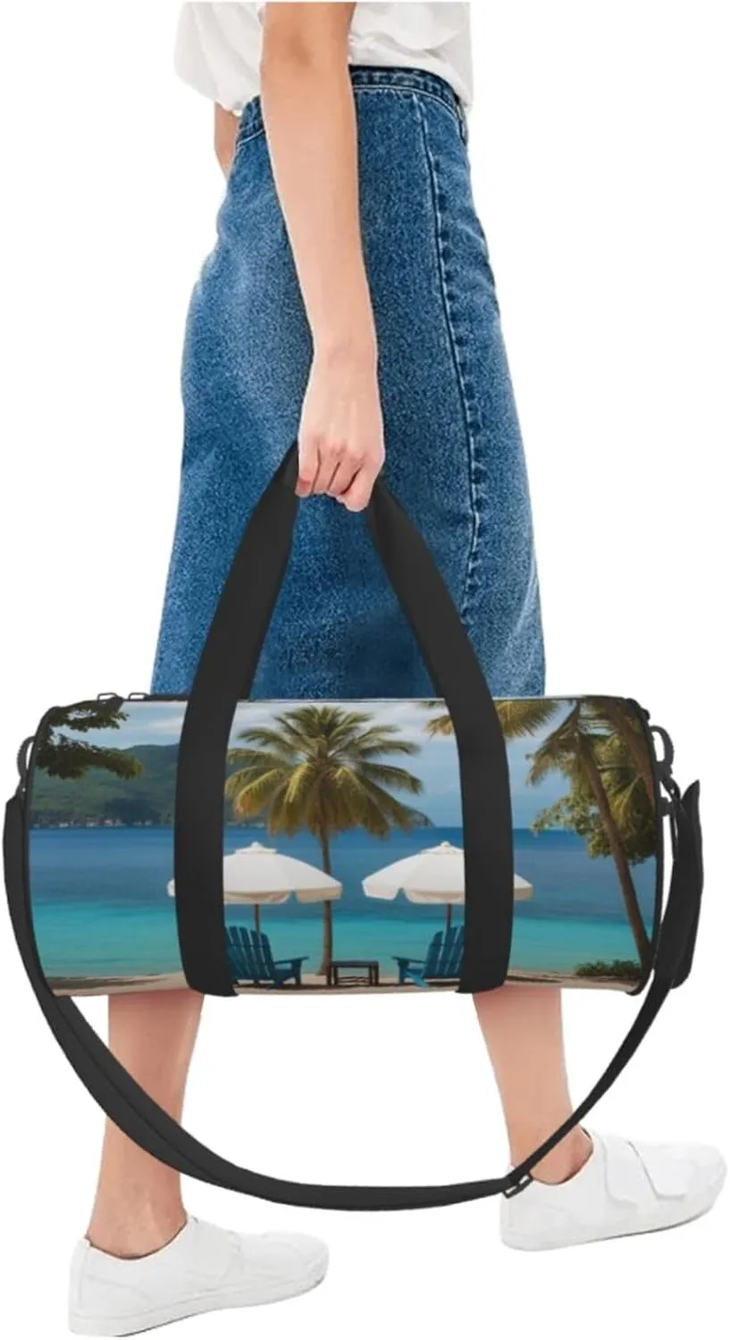Chairs Beside The Blue Sea Sky Printed Travel Bag,Round Personal Item Storage bag,Foldie Duffel Bag for Traveling Vacation,Fitness,Sports