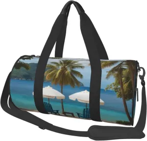 Chairs Beside The Blue Sea Sky Printed Travel Bag,Round Personal Item Storage bag,Foldie Duffel Bag for Traveling Vacation,Fitness,Sports