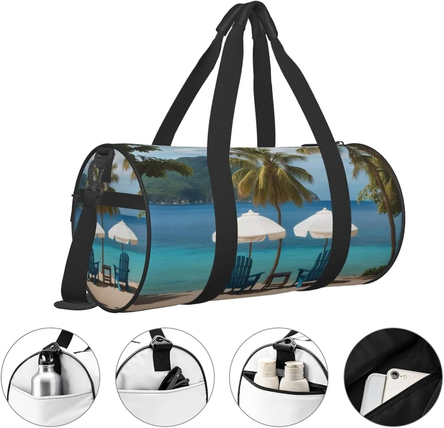 Chairs Beside The Blue Sea Sky Printed Travel Bag,Round Personal Item Storage bag,Foldie Duffel Bag for Traveling Vacation,Fitness,Sports
