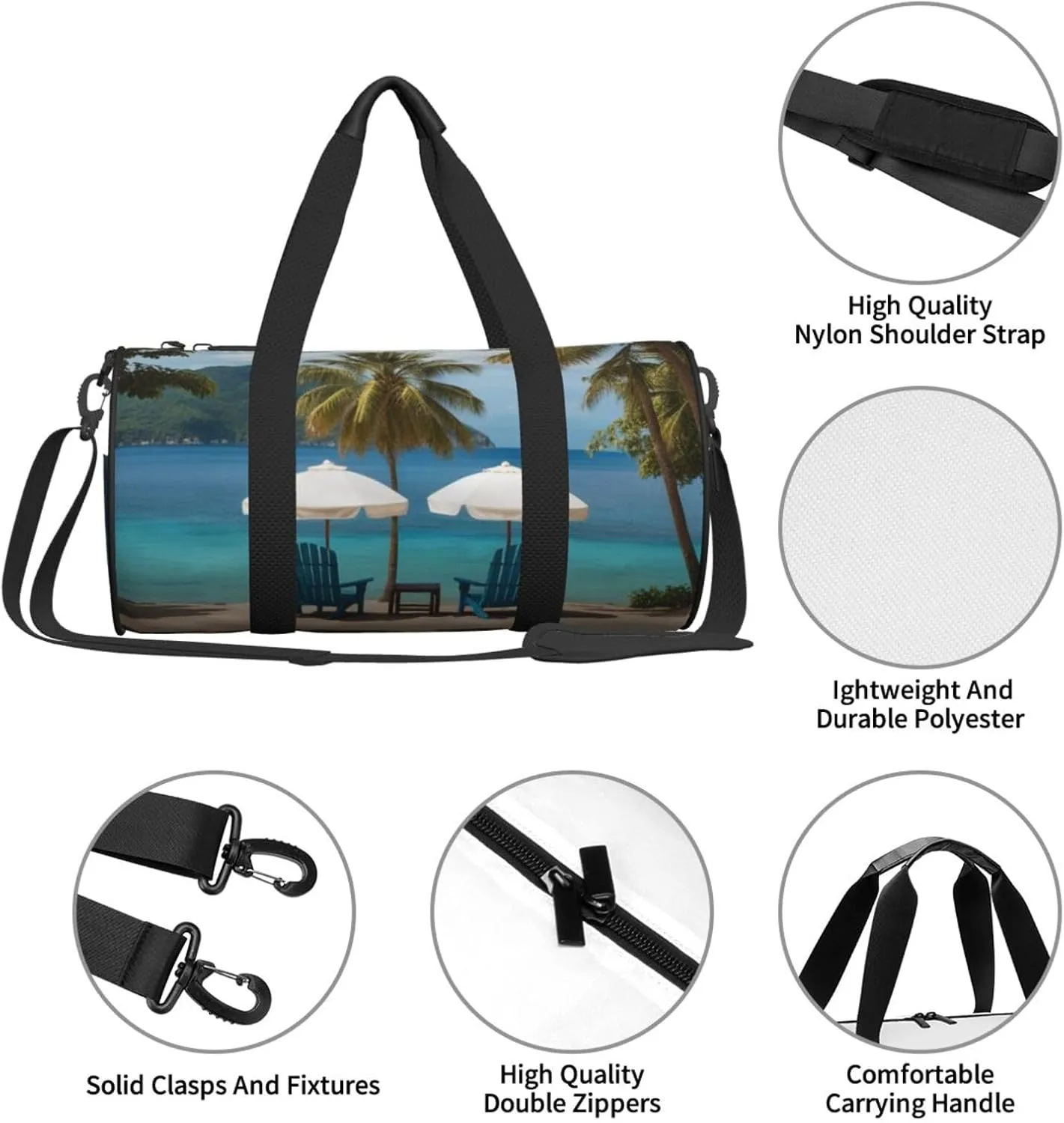Chairs Beside The Blue Sea Sky Printed Travel Bag,Round Personal Item Storage bag,Foldie Duffel Bag for Traveling Vacation,Fitness,Sports