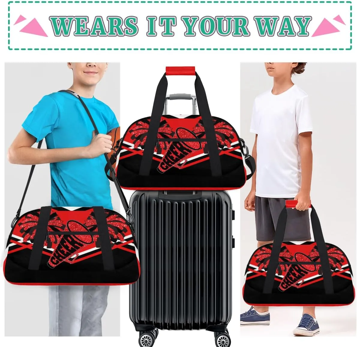 Cheerleading Bag Sport Duffle Bag, Gym Cheer Sports Dance Ballet Duffel Weekender Bags Travel Swimming Red Black Design