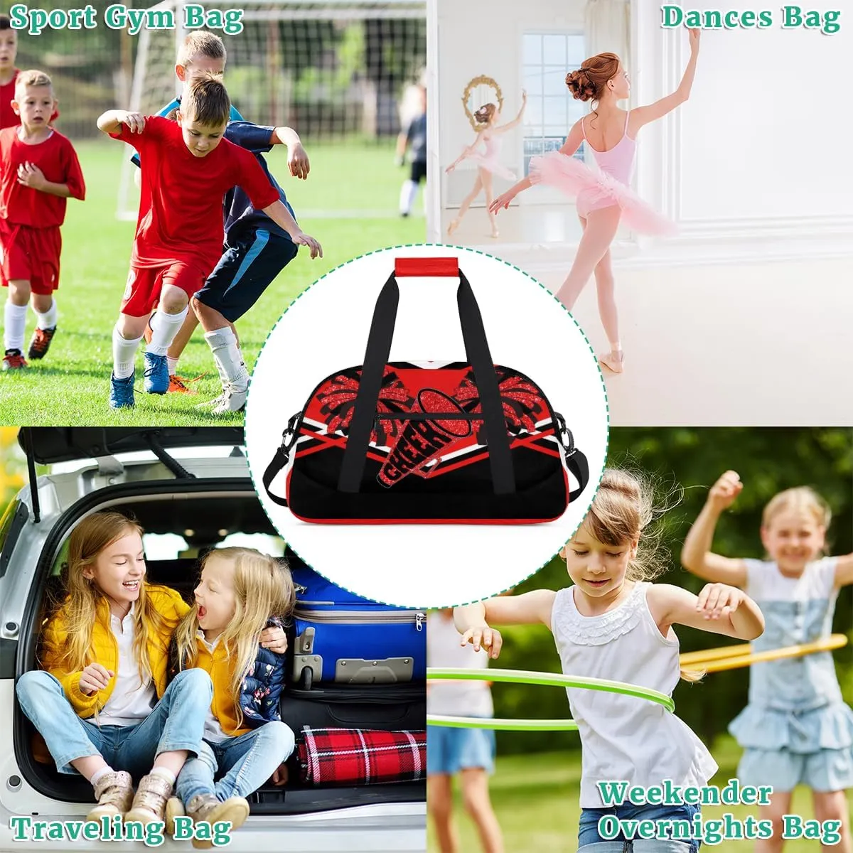 Cheerleading Bag Sport Duffle Bag, Gym Cheer Sports Dance Ballet Duffel Weekender Bags Travel Swimming Red Black Design