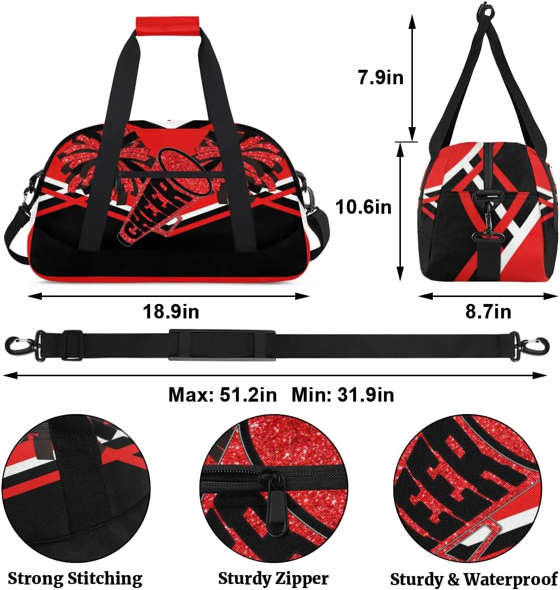 Cheerleading Bag Sport Duffle Bag, Gym Cheer Sports Dance Ballet Duffel Weekender Bags Travel Swimming Red Black Design