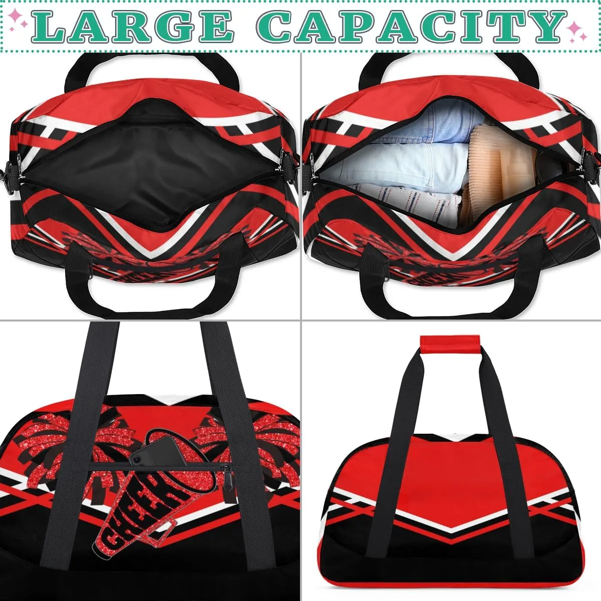 Cheerleading Bag Sport Duffle Bag, Gym Cheer Sports Dance Ballet Duffel Weekender Bags Travel Swimming Red Black Design