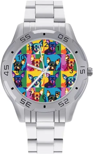 Chihuahua Dog Art Doodle Simple Stainless Steel Band Business Watch Dress Wrist Unique Luxury Work Casual Waterproof Watches
