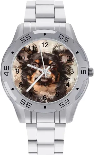 Chihuahua Dog Watercolor Simple Stainless Steel Band Business Watch Dress Wrist Unique Luxury Work Casual Waterproof Watches