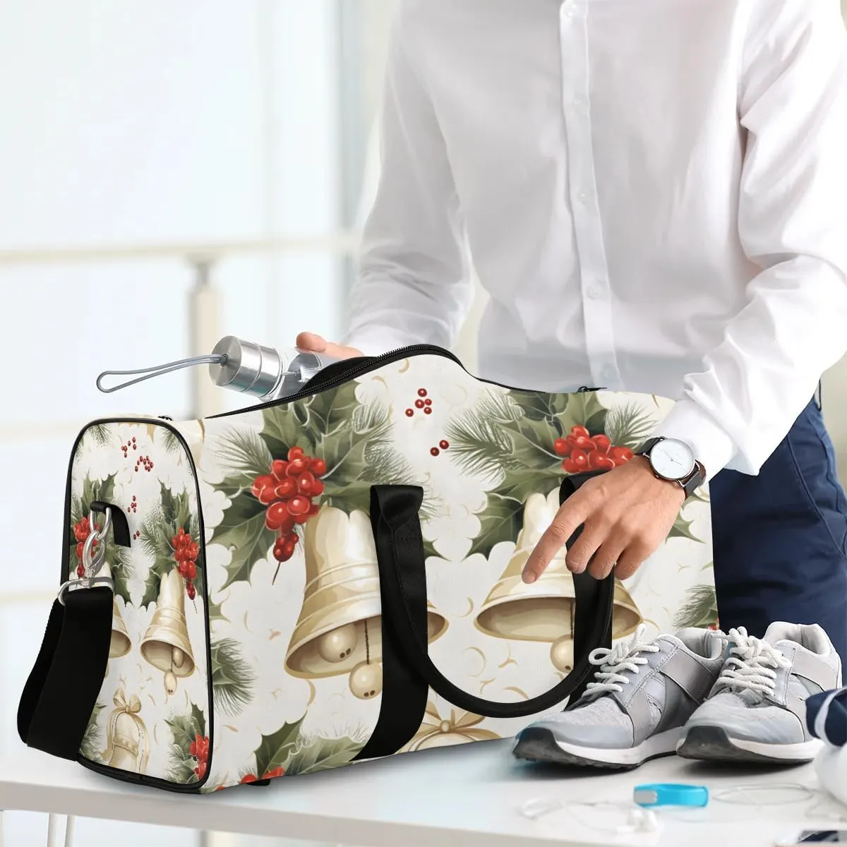 Christmas Ball Pine Leaf Travel Duffel Bag for Women Men Waterproof Foldable Overnight Weekender Bag Large Capacity Sports Gym Bag