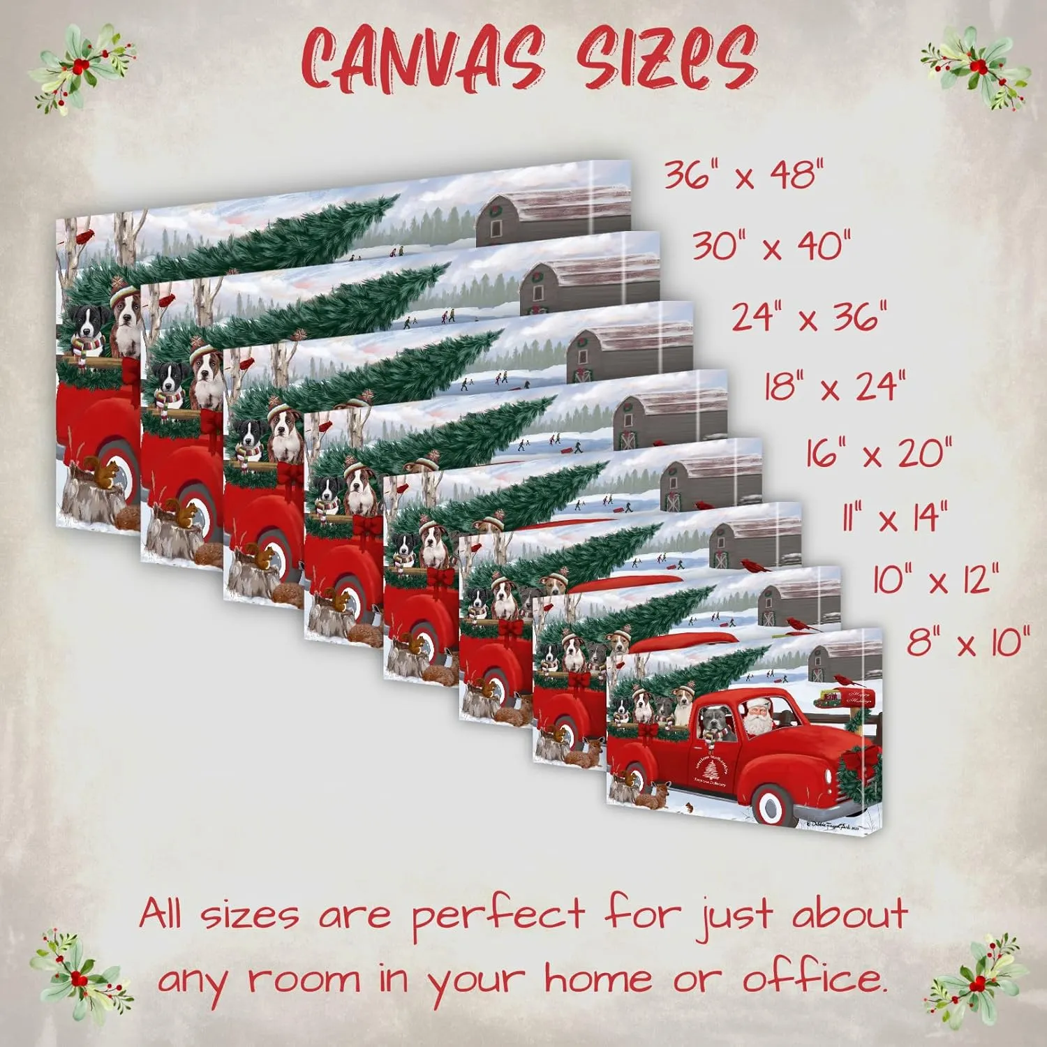 Christmas Express Red Truck with American Staffordshire Dogs Canvas Wall Art - Premium Quality Ready to Hang Room Decor - Pecan Floating Framed 16" x 16"