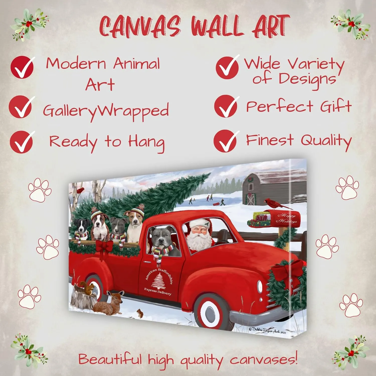 Christmas Express Red Truck with American Staffordshire Dogs Canvas Wall Art - Premium Quality Ready to Hang Room Decor - Pecan Floating Framed 16" x 16"