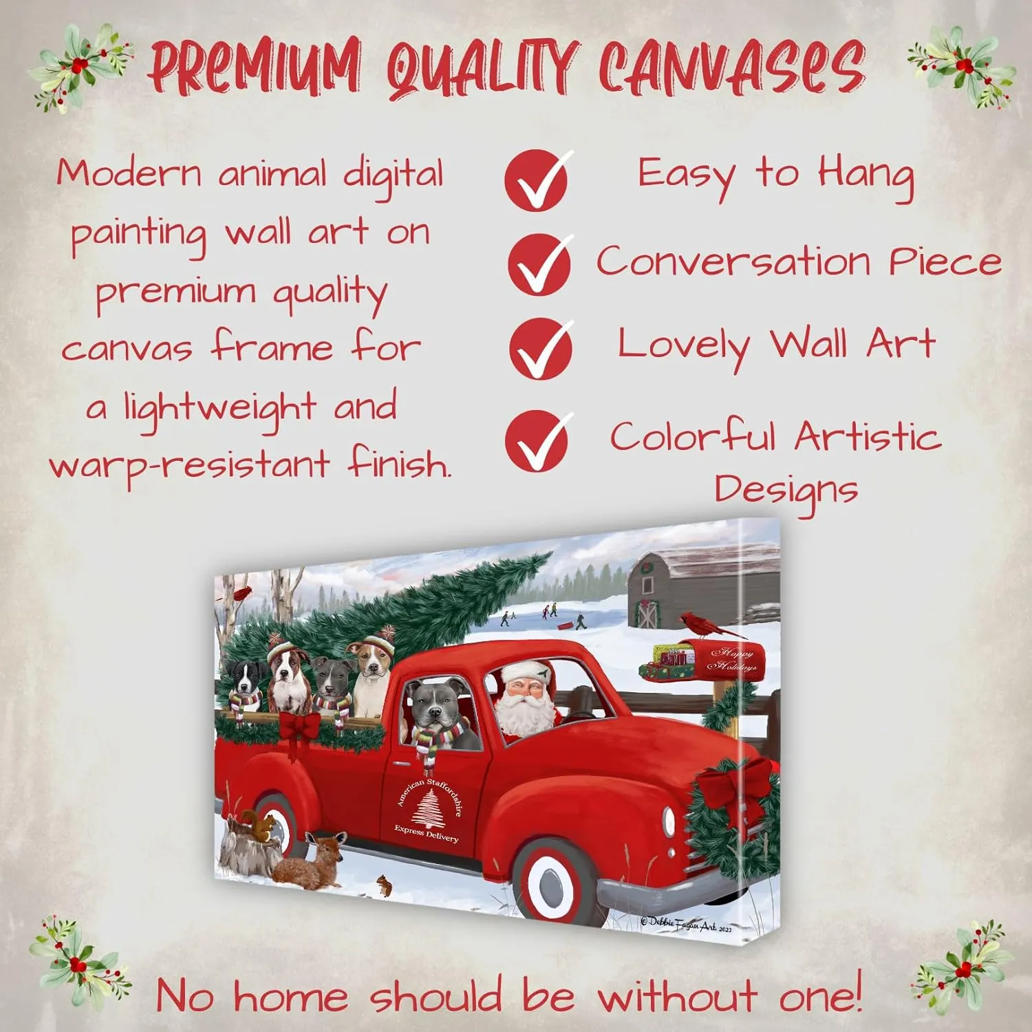 Christmas Express Red Truck with American Staffordshire Dogs Canvas Wall Art - Premium Quality Ready to Hang Room Decor - Pecan Floating Framed 16" x 16"