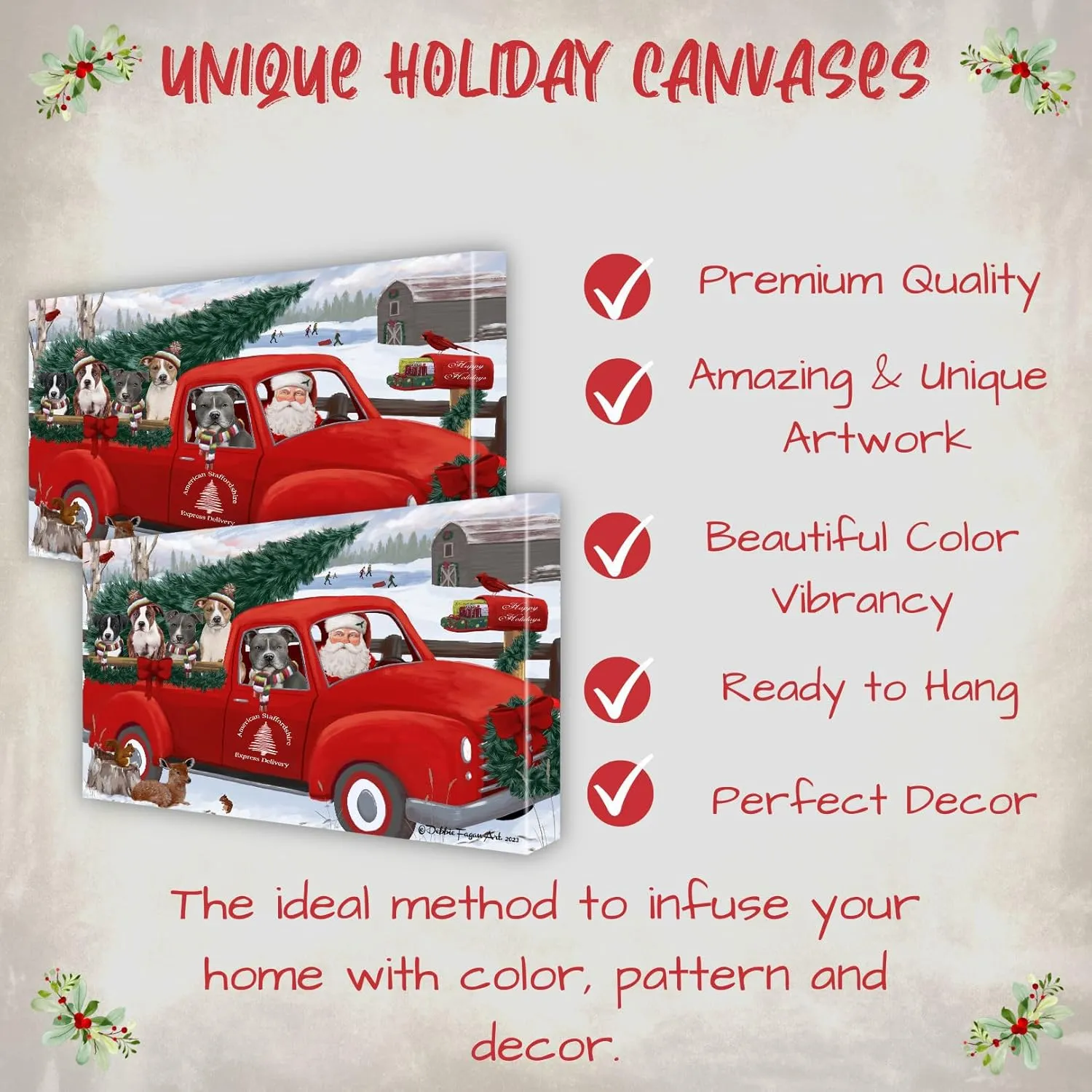 Christmas Express Red Truck with American Staffordshire Dogs Canvas Wall Art - Premium Quality Ready to Hang Room Decor - Pecan Floating Framed 16" x 16"