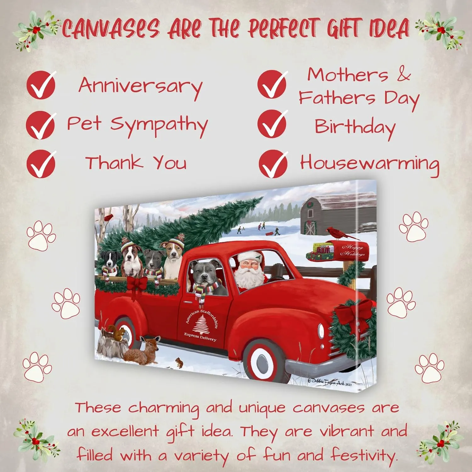 Christmas Express Red Truck with American Staffordshire Dogs Canvas Wall Art - Premium Quality Ready to Hang Room Decor - Pecan Floating Framed 16" x 16"