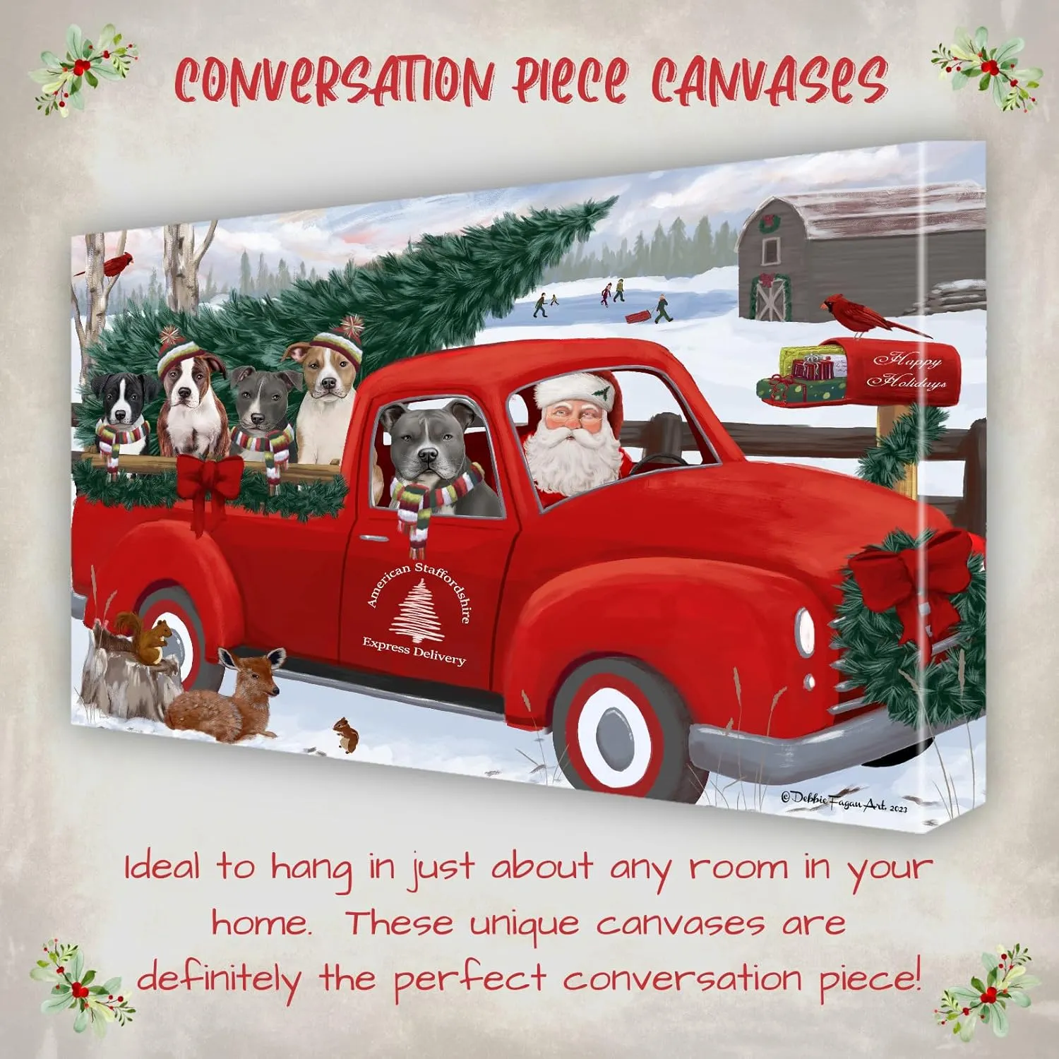 Christmas Express Red Truck with American Staffordshire Dogs Canvas Wall Art - Premium Quality Ready to Hang Room Decor - Pecan Floating Framed 16" x 16"