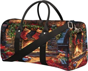Christmas Gift Fireplace Travel Duffel Bag for Women Men Small Sport Gym Bag Waterproof Weekender Overnight Lightweight Carry on Foldable Gym Bag for Training Swim Yoga Traveling Handbag